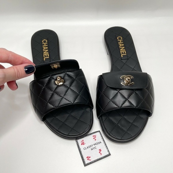 Chanel NIB Black Slides Turnlock Gold CC Logo Quilted Slide Flat Flop Sandals - Picture 9 of 12